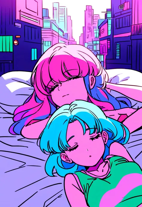 Pink and blue hair girl, soda, Inspired by 90s anime, Cyberpunk City, praise, colorful, listen to music, Pink Hair, Blue Hair、Sleeping on my back in bed at home　