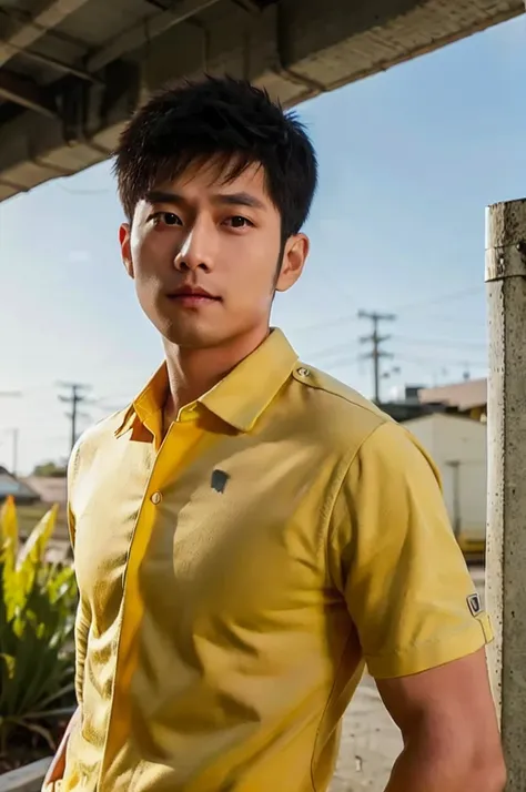 a young asian man with a big, muscular body looks at the camera. in a yellow, red and white button-up shirt. , measure , normal ...