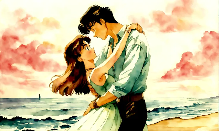 [Vintage Men&#39;s and Women&#39;s], Ancient Anime, 1980s (style), 1990s (style), watercolor (middle), , ((Highest quality)), ((masterpiece)), [Detailed], [Anime and manga images], [Women have small breasts], Couple dancing on the beach