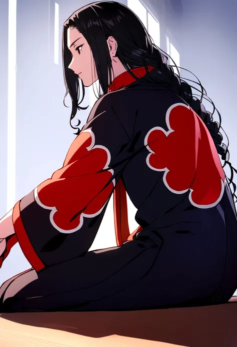 itachi uchia, in akatsuki clothes, sitting on desk and table, side profile 