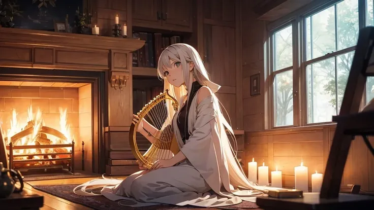 Mellow, an anime-style female character with long, straight hair and a serene expression, sitting by a fireplace. The scene is cozy and softly lit with a harp nearby. The ambiance is whispering vocal, easy listening, and lo-fi hip-hop.