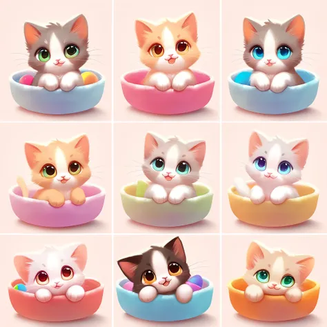 Create a series of images featuring adorable kittens with big, expressive eyes, fluffy fur, and playful poses. Each kitten should be in a charming and cozy setting, such as a soft blanket, a cute basket, or playing with colorful toys. The overall aesthetic...