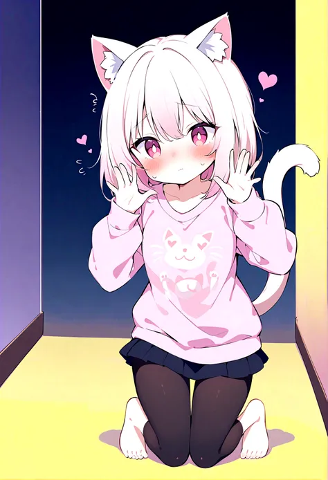 I have white pink hair, cat ears, a bow, my face is super blushing, black glasses, pink heart eyes, a big pink sweatshirt, a black skirt, black stockings, what&#39;s up, barefoot, a cat&#39;s tail, a girl Very shy