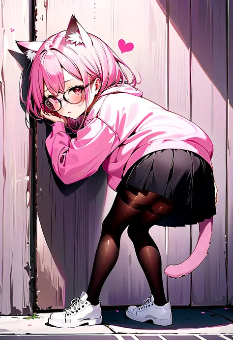 I have white pink hair, cat ears, a bun, my face is super blushing, black glasses, pink heart eyes, a big pink sweatshirt, a black skirt, black stockings, white shoes, a cat&#39;s tail, a girl. very shy that she is glued to a wall with her butt