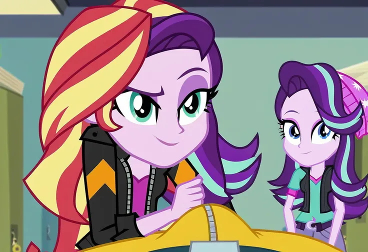 explicit, score_9, equestria_girls, cartoon, sunset_shimmer, starlight_glimmer, duo male, two girls and male pov, female, male, male pov, bulge_in_male_briefs, offscreen character, pov, straight, undressing, zipper, unzipping, open_fly, belt, show accurate...