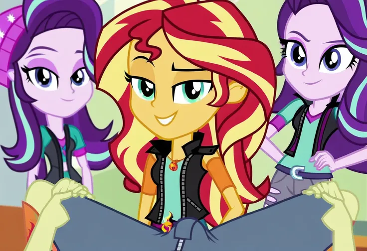 explicit, score_9, equestria_girls, cartoon, sunset_shimmer, starlight_glimmer, duo male, two girls and male pov, female, male, male pov, bulge_in_male_briefs, offscreen character, pov, straight, undressing, zipper, unzipping, open_fly, belt, show accurate...