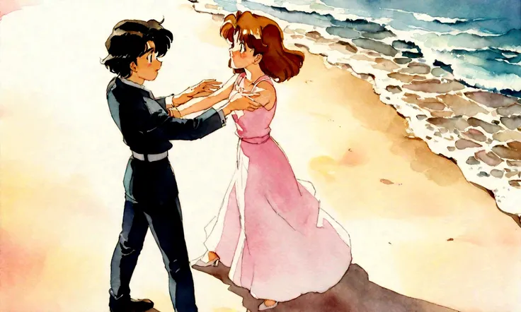 [Vintage Men&#39;s and Women&#39;s], Ancient Anime, 1980s (style), 1990s (style), watercolor (middle), , ((Highest quality)), ((masterpiece)), [Detailed], [Anime and manga images], [Women have small breasts], Couple dancing on the beach