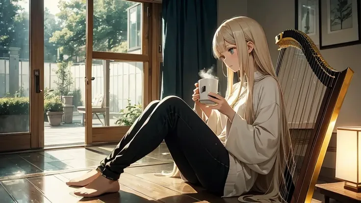 Mellow, an anime-style female character with long, straight hair and a serene expression, sitting with a cup of tea in a cozy, softly lit room with a harp nearby. The ambiance is whispering vocal, easy listening, and lo-fi hip-hop.