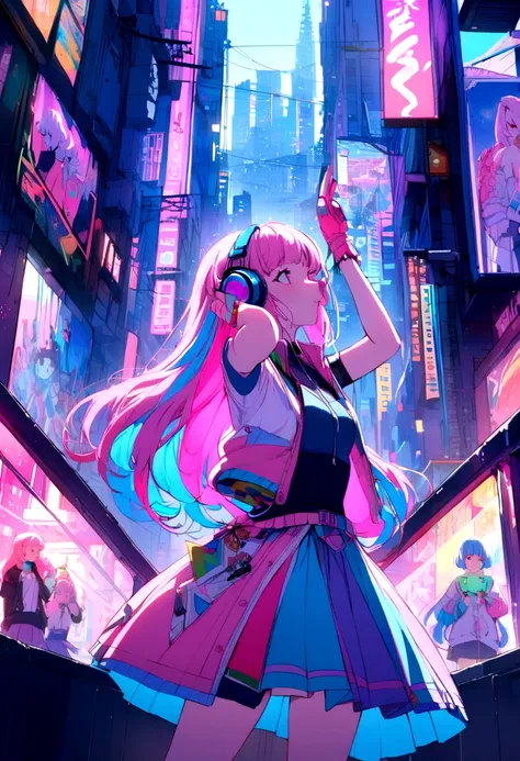 Pink and blue hair girl, soda, Inspired by 90s anime, Cyberpunk City, praise, colorful, listen to music, Pink Hair, Blue Hair、Idol