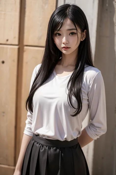 sexy model, black theme, long hair, high contrast (Natural skin texture, Hyperrealism, Soft Light, sharp), portrait, standing, korean, shirt and skirt