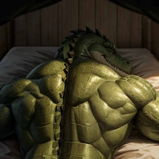 A muscle green male alligator, a muscle green male lizardmen , sleeping showing his back, very close tired detailed face