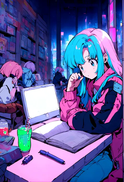 Pink and blue hair girl, soda, Inspired by 90s anime, Cyberpunk City, praise, colorful,, Pink Hair, Blue Hair、Studying in the library