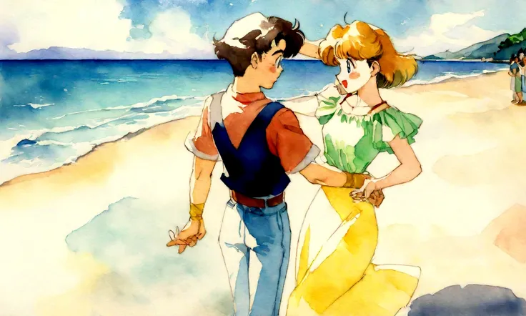 [Vintage Men&#39;s and Women&#39;s], Ancient Anime, 1980s (style), 1990s (style), watercolor (middle), , ((Highest quality)), ((masterpiece)), [Detailed], [Anime and manga images], [Women have small breasts], Couple dancing on the beach