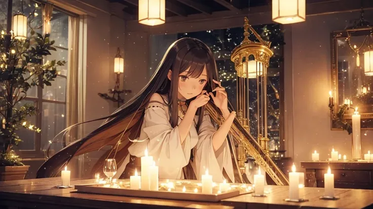 Mellow, an anime-style female character with long, straight hair and a serene expression, in a room decorated with fairy lights. The scene is cozy and softly lit with a harp nearby. The ambiance is whispering vocal, easy listening, and lo-fi hip-hop.