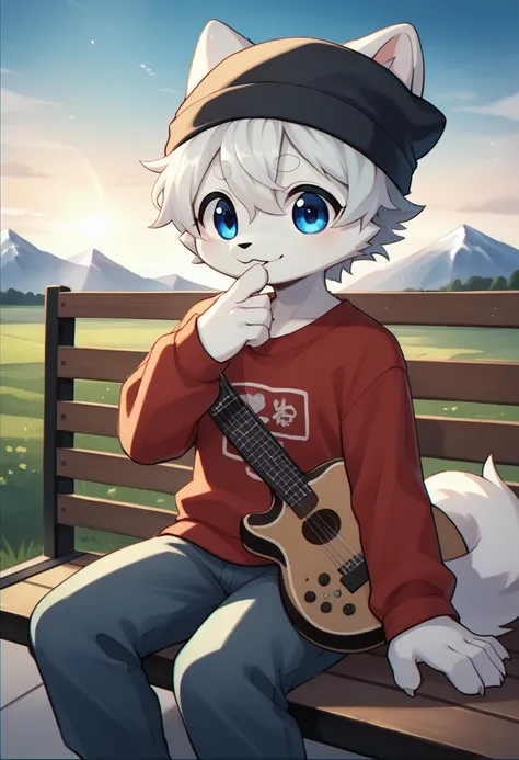 a furry fursona white husky, white fur, platinum messy hair, adolescent, blue eye with black irises, big round cute eye, very cute face, hand on chin acoustic guitar, showing a cute face, wearing a red sweater, a black beanie, sitting on the bench, mountai...