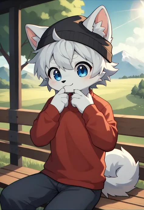 a furry fursona white husky, white fur, platinum messy hair, adolescent, blue eye with black irises, big round cute eye, very cute face, hand on chin acoustic guitar, showing a cute face, wearing a red sweater, a black beanie, sitting on the bench, mountai...