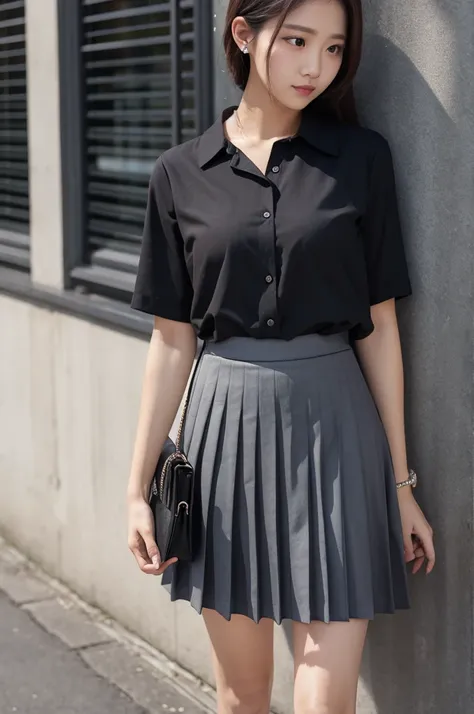 Pleated skirt　Black Shirt