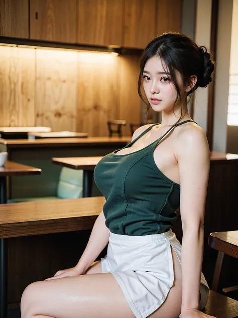 Cool beauty，Looks sweet，(french twist hairstyle), only wearing dark green starbucks apron, off-shoulders, show clavage, (show big thigh, plump body), huge breast, full body photo, sitting pose. Side view. nd. In coffee shop. Naked