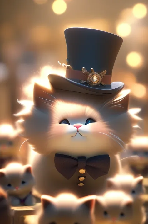 cinematic film still Cute puffy Cats, HD, 3d, . shallow depth of field, vignette, highly detailed, high budget, bokeh, cinemascope, moody, epic, gorgeous, film grain, grainy, Victorian, top hat