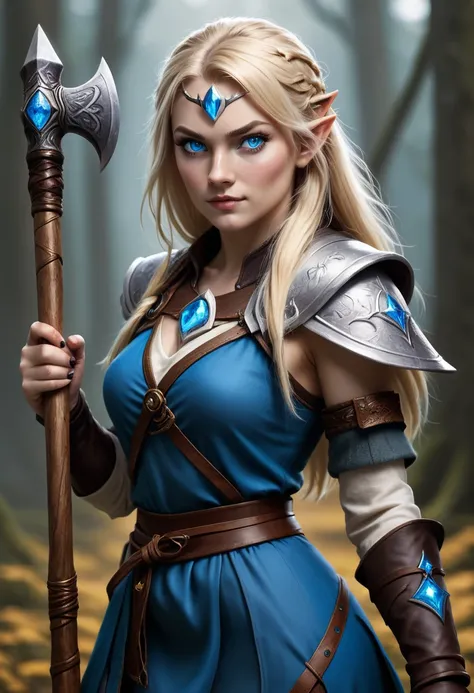 a female mage nordic women. with an axe. she is holding a wand. sher has blonde hair and blue eyes.