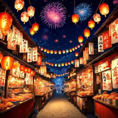 Night Sky, Big fireworks, Fireworks sound, Bright colors, The warm light of the lantern, The bustle of food stalls, The smell of yakisoba sauce, The sweet scent of candy apples, Goldfish scooping tank, Shooting prizes, The sound of wind chimes, summer nigh...