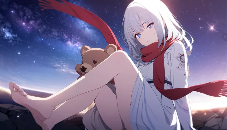 (((masterpiece))), (((best quality))),(((high detail))),light manipulation, girl with long silver hair, gradient purple to sky blue eyes, wearing a white dress, a red scarf, galaxy background, holding a teddy bear, feet, no footwear