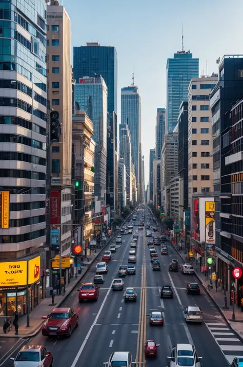 Image of city with cars at traffic lights, buildings streets avenues 