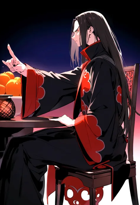 itachi uchia, in akatsuki clothes, sitting on chair and table, side profile, angry, one hand points to the side