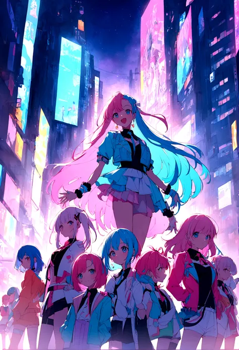 Pink and blue haired girls,5-people,Idol Group, soda, Inspired by 90s anime, Cyberpunk City, praise, colorful, , Pink Hair, Blue Hair、