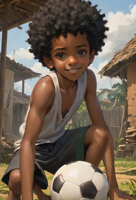 A poor Afro-Brazilian boy in a typical Brazilian house drawn by Todd McFarlane and Greg Capullo, he is wearing old and torn clothes, he is playing with a soccer ball and playing with his dog, a backyard of a typical Brazilian house in the background, brown...