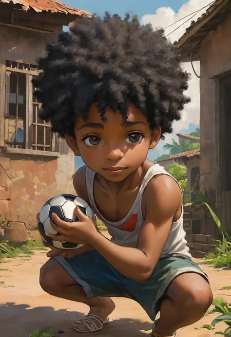 A poor Afro-Brazilian boy in a typical Brazilian house drawn by Todd McFarlane and Greg Capullo, he is wearing old and torn clothes, he is playing with a soccer ball and playing with his dog, a backyard of a typical Brazilian house in the background, brown...