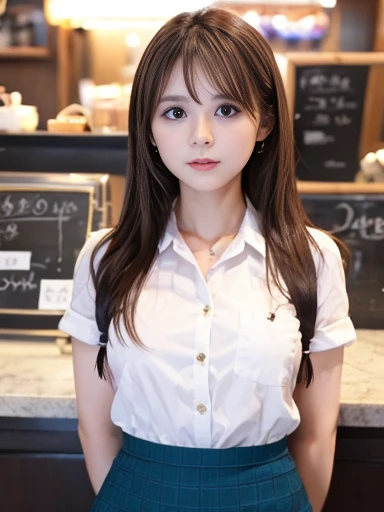 Cafe staff、mini skirt、25-year-old gravure idol、Huge 、Looking into the camera。Sensual look、