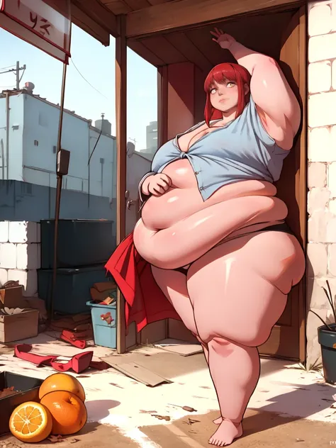 Le personnage Makima de la série animée Chainsaw Man, fragile, obésité morbide, ssbbw, pleine longueur (corps entier 1.1.), fond sombre, obscurité, anatomie correcte 1.1, anatomie correcte de la main, Très féminin, corps gras et rond, grosses Jambes, fesse...