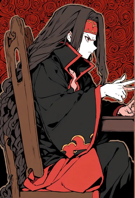 itachi uchia, in akatsuki clothes, sitting on chair and table, side profile, angry, one hand points to the side