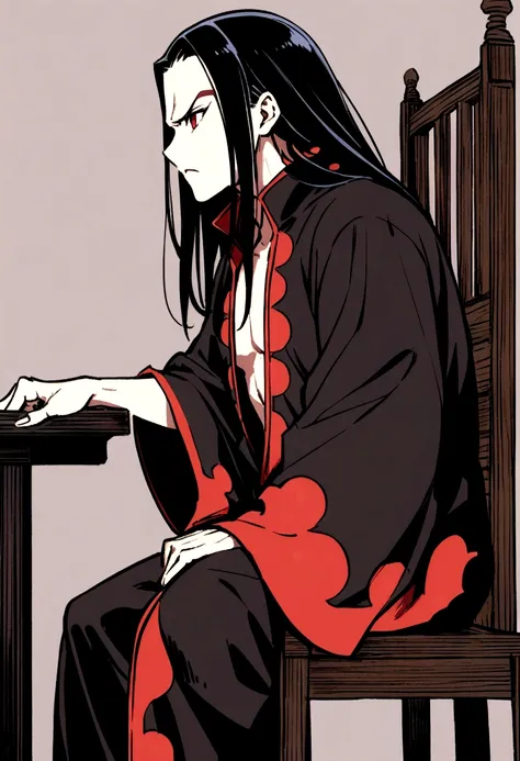 itachi uchia, in akatsuki clothes, sitting on chair and table, side profile, angry, one hand points to the side