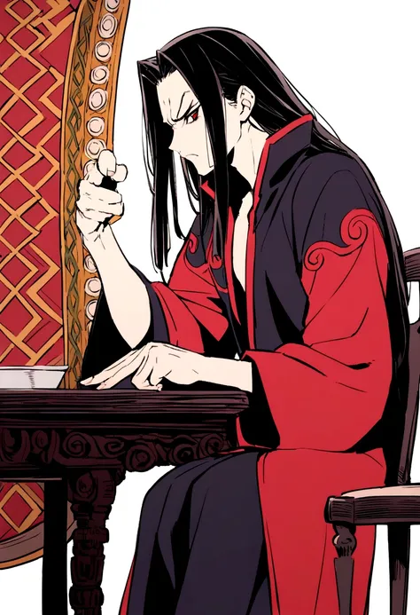 itachi uchia, in akatsuki clothes, sitting on chair and table, side profile, angry, one hand points to the side