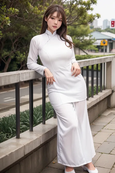 8K,high quality,high resolution,(tall),(ぽっちゃり),(Beautiful woman),(Brown Hair),(buzzer),(Cityscape),(White Ao Dai:1.3),(White ao dai:1.3),(Natural composition),(),(),(),(),(),,