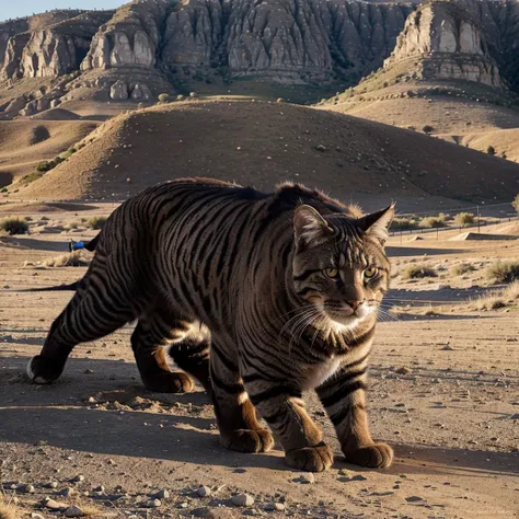 Draw a huge cat in military uniform against the backdrop of a beautiful landscape