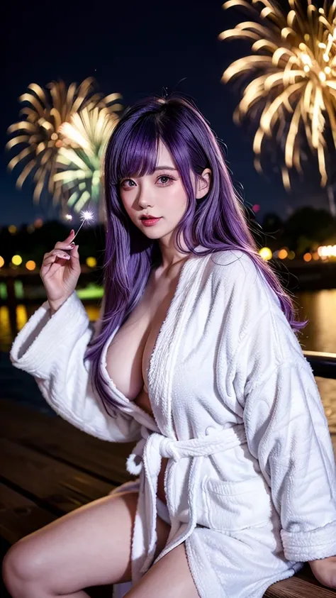 ＡＩBeauty、リアルBeauty、Big Tits、Fireworks display、Open-chested bathrobe、Leaning forward、Purple Hair