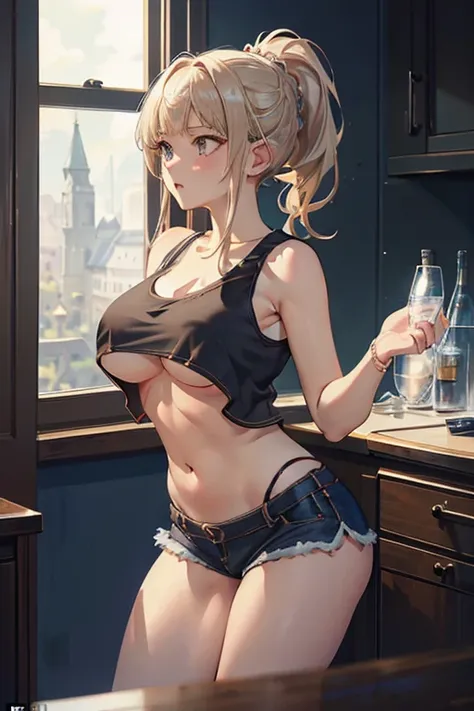 masterpiece、highest quality、Very detailed、An illustration、Beautiful fine details、One Girl、cute、Detailed landscape、Training Room Background:1.4、Platinum Blonde Hair、Braided Ponytail、Red camisole、((D cup breasts, Tank top showing underboob:1.3))