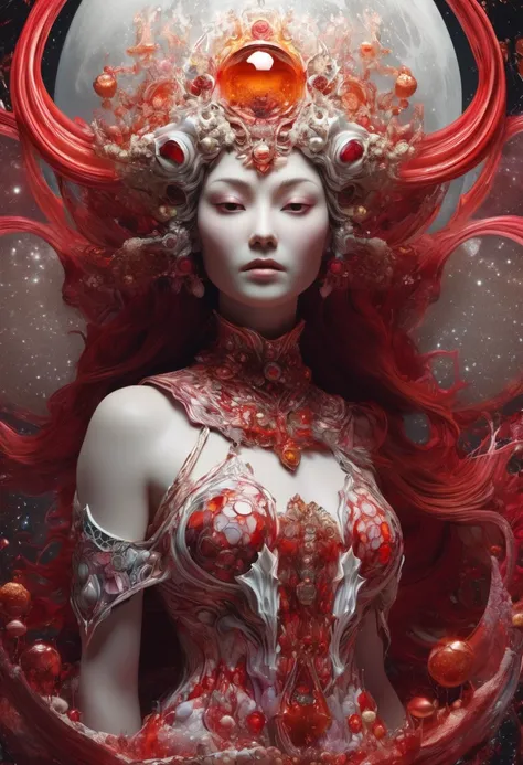 a female human figure who personifying  the tarot of the moon, dressed in crimson, flecked silver-white, light translucent pinki...