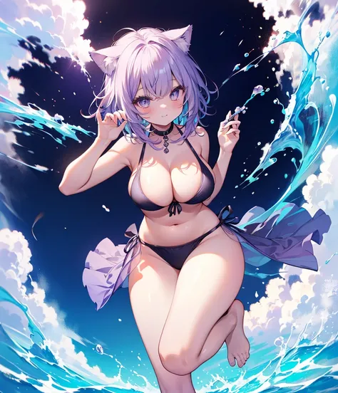 (((Mastepiece)), ((Highest quality)), (Ultra high definition),((sexy)), (Sexy), ((Ultra high definition)), 4K, (8K), Highest quality, Anime Style, Painting, Dynamic Angle, Cowboy Shot, Emphasize cleavage、Swimwear、Cat porridge、Purple hair color、Swimwear、The...