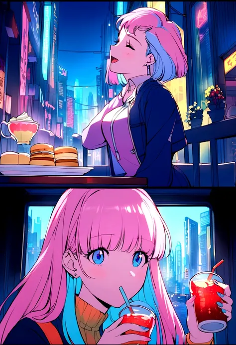 Pink and blue hair girl, soda, Inspired by 90s anime, Cyberpunk City, praise, colorful, Pink Hair, Blue Hair、Have afternoon tea at a cafe