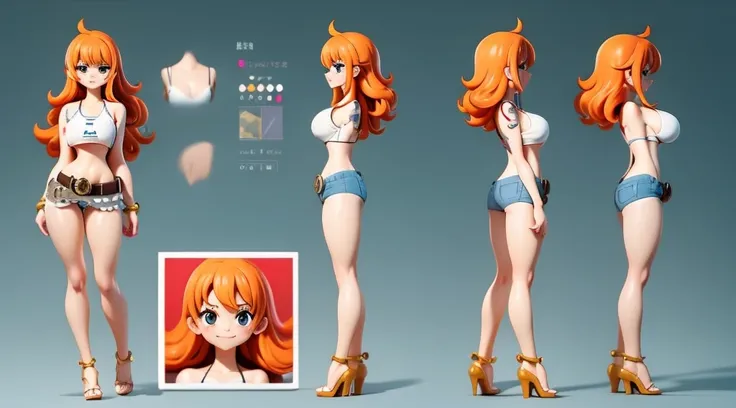 ((Best Quality)), ((Masterpiece)), (((detailed character sheet, frontal view, side view, three quarter view))) white background、one piece、whole body、whole bodyイラスト、whole bodyアニメーション、whole bodyリファレンスシート、denim、Tank top、High heels、Swimwear、bikini、original、New...