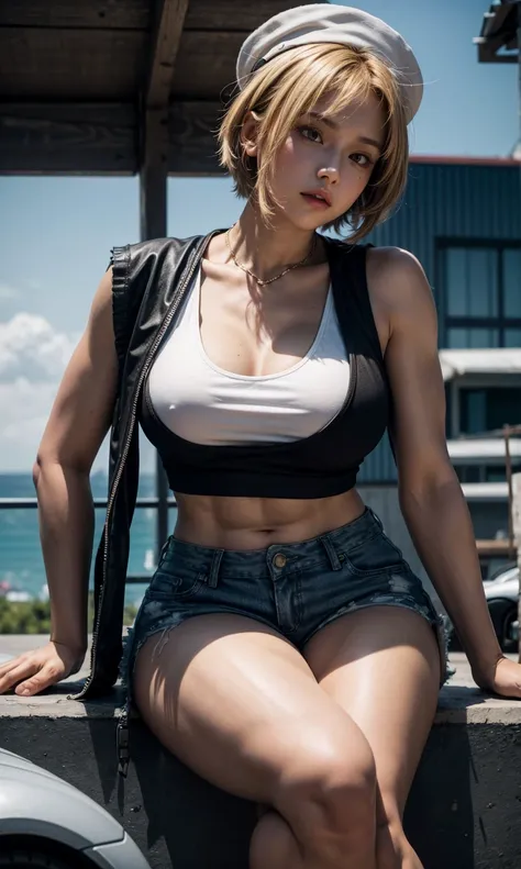 Best Quality, hight resolution, shoot from below, a tomboy fighter with a tiny man standing beside her, very tall girl, huge giantess girl and a tiny man stand beside her, muscular, tough girl, abs, biceps, fierce looks, red eyes, her hair is blonde pixie ...