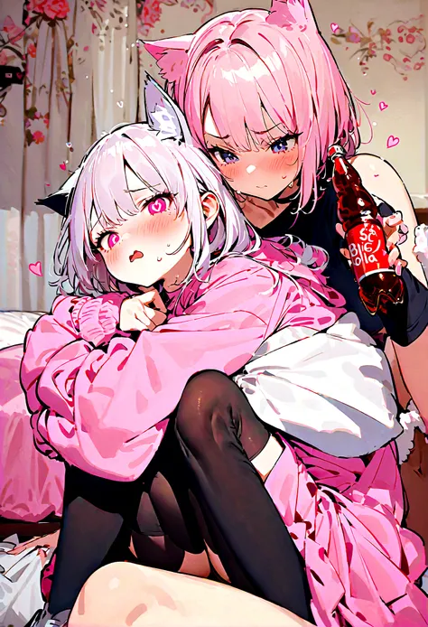 I have white pink hair, cat ears, A good, my face is super red, black glasses, pink heart eyes, a big pink sweatshirt, a black skirt, black stockings, White shoes, A cat&#39;s cola, a woman. Very shy in his bed on his knees, his bubbles grab you