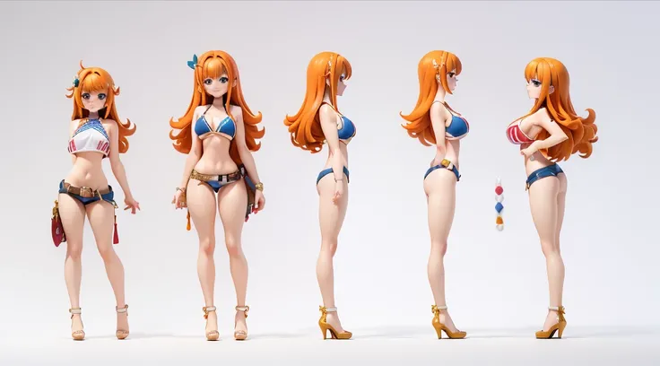 ((Best Quality)), ((Masterpiece)), (((detailed character sheet, frontal view, side view, three quarter view))) white background、one piece、whole body、whole bodyイラスト、whole bodyアニメーション、whole bodyリファレンスシート、denim、Tank top、High heels、Swimwear、bikini、original、New...