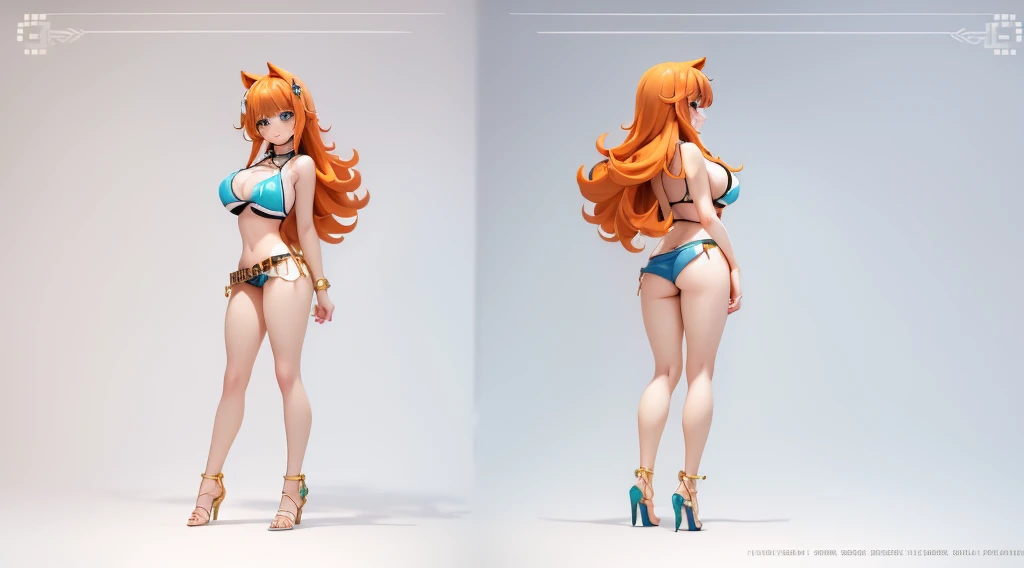 ((Best Quality)), ((Masterpiece)), (((detailed character sheet, frontal view, side view, three quarter view))) white background、one piece、whole body、whole bodyイラスト、whole bodyアニメーション、whole bodyリファレンスシート、denim、Tank top、High heels、Swimwear、bikini、original、New...