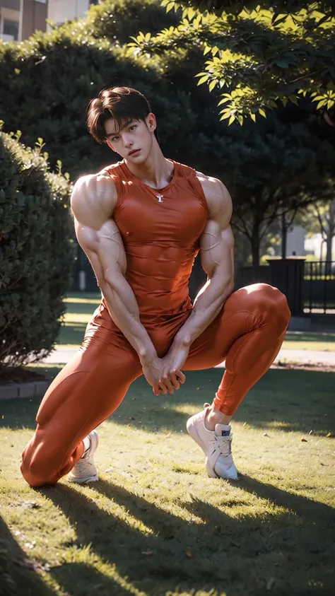 masterpiece,best quality,Look up at the characters，Stay away from the camera， (An 18-year-old boy with extraordinary development:1.2), A tall and muscular giant，(Kneeling upright on the campus lawn),Orange tight cycling suit,Broad and straight shoulders,Mu...