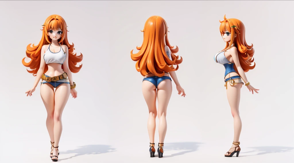 ((Best Quality)), ((Masterpiece)), (((detailed character sheet, frontal view, side view, three quarter view))) white background、one piece、whole body、whole bodyイラスト、whole bodyアニメーション、whole bodyリファレンスシート、denim、Tank top、High heels、Swimwear、bikini、original、New...